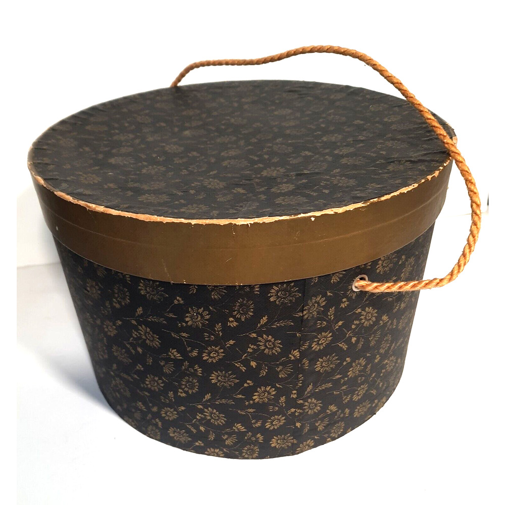 1940's Black and Gold Floral Pattern Wallpaper Hat Box 10" Rope Handle